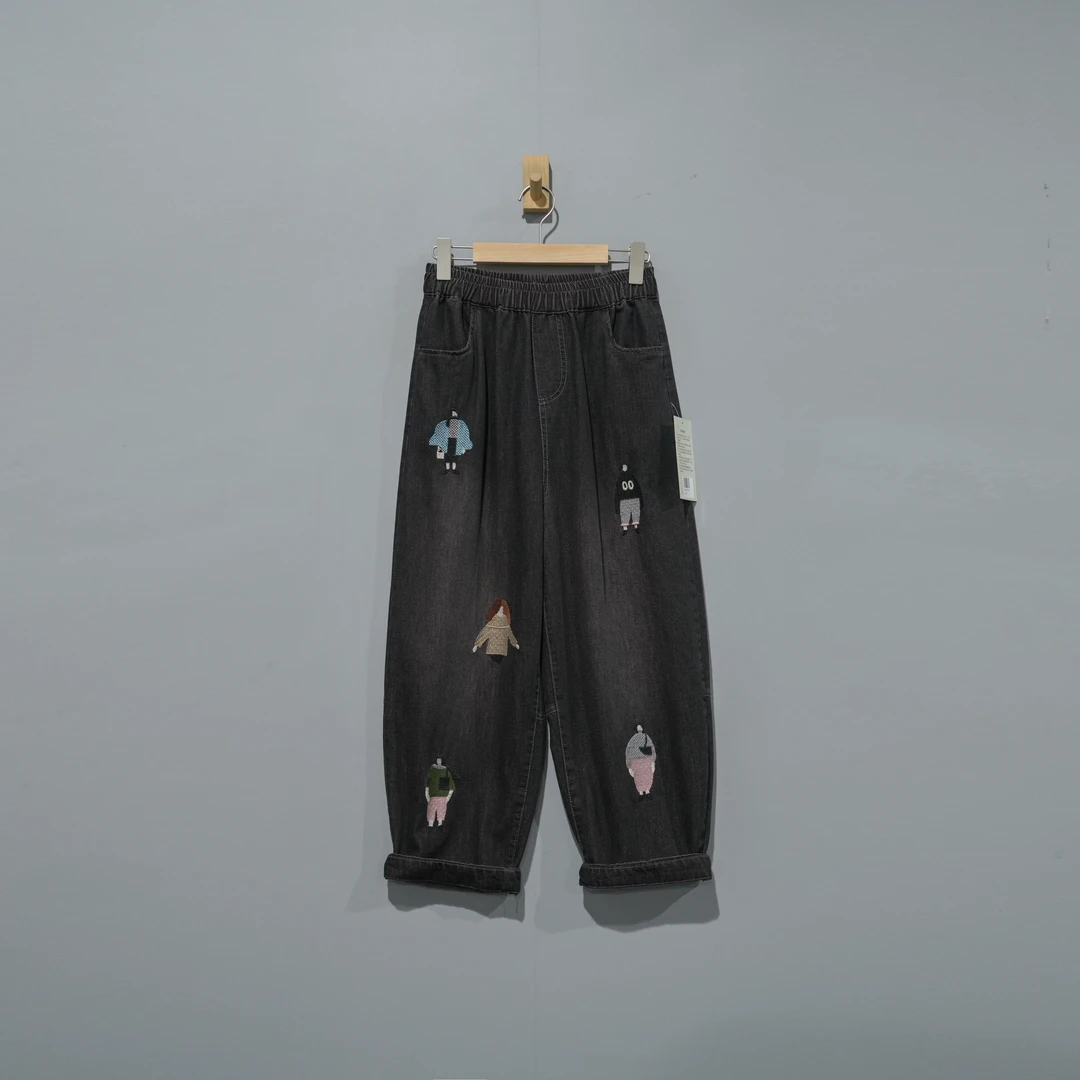 【且听风吟】0212892文艺棉刺绣松紧腰牛仔休闲裤 裤长95 臀围118