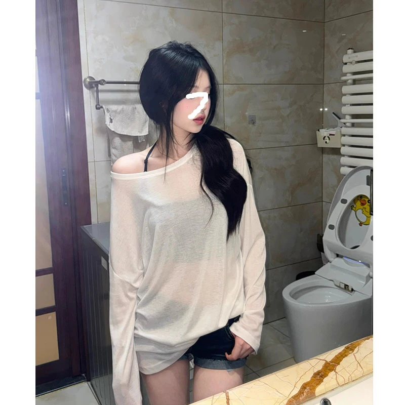 夏季薄款微透防晒罩衫长袖T恤女百搭宽松空调衫外搭白色针织上衣