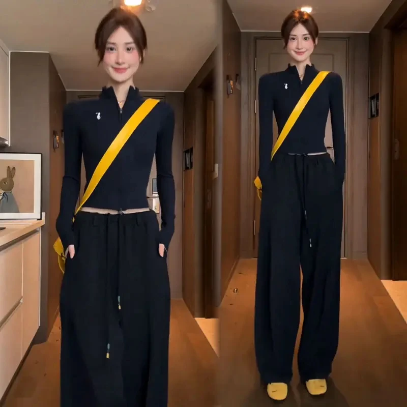 时尚休闲套装女2025秋季新款洋气立领开衫上衣阔腿裤两件套潮