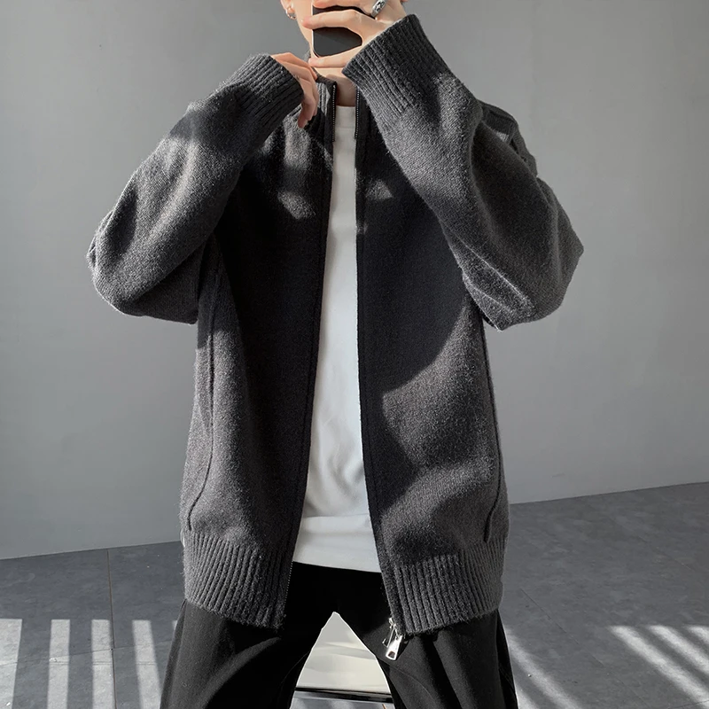 2025秋冬半高领针织开衫外套男士休闲宽松保暖毛衣时尚简约打底衫
