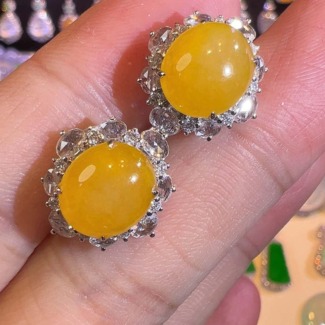 翡翠耳饰18K金镶嵌冰种黄翡栗子黄蛋面