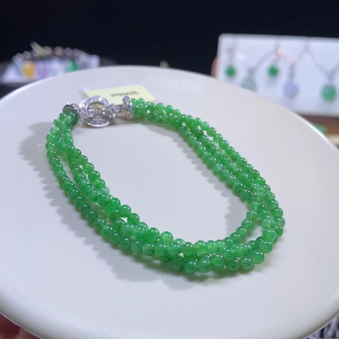 翡翠18K金镶嵌手串18K冰绿小米珠手链