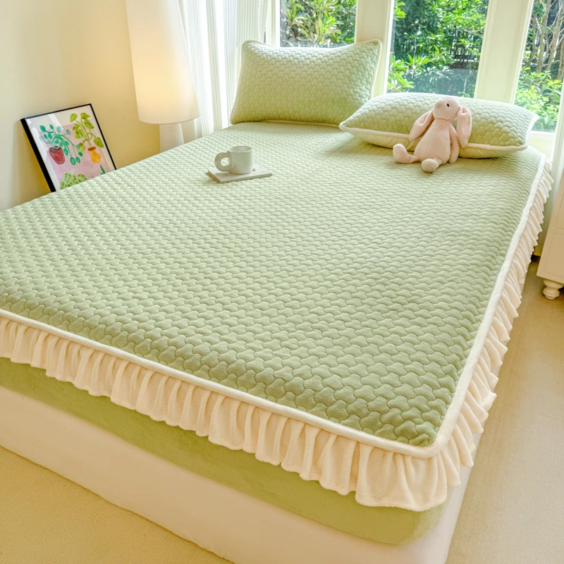 A类加绒加厚花边牛奶绒夹棉床笠秋冬季抗静电防滑保暖床垫保护罩