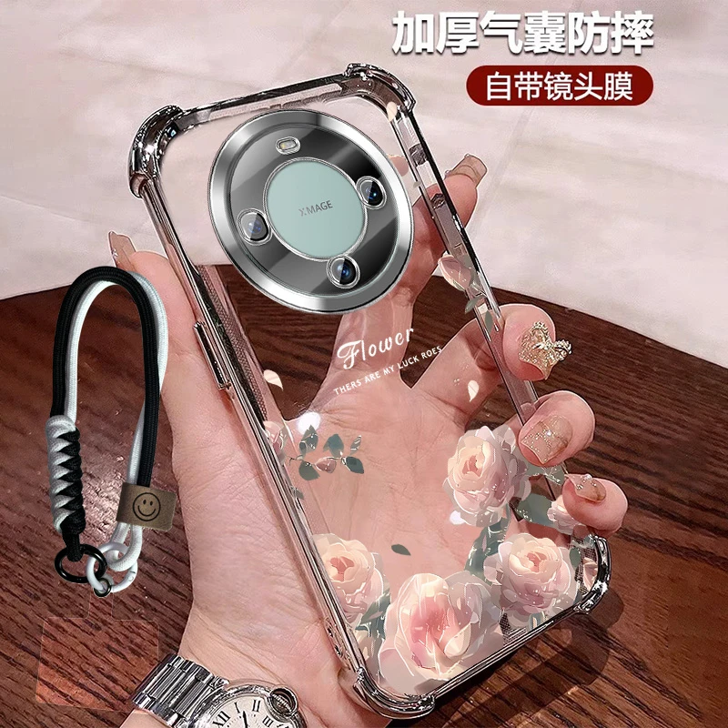 适用华为mate60pro+手机壳透明mate60硅胶全包镜头膜四角防摔手绳
