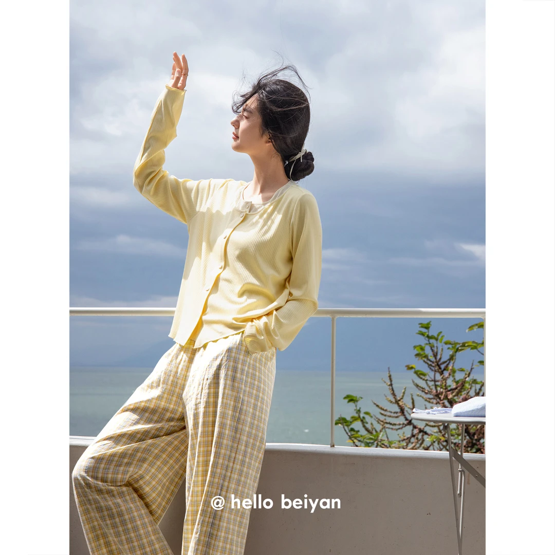 贝妍新款睡衣女春秋季柔软棉长袖家居服甜美显白设计感假两件套装