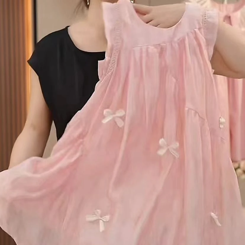 女童无袖连衣裙夏季2025新款儿童蝴蝶结背心裙女大童度假风公主裙