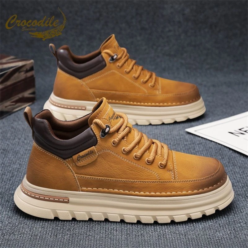 鳄鱼恤马丁靴男鞋2025新款秋冬加绒棉鞋中帮英伦风皮靴工装雪地靴