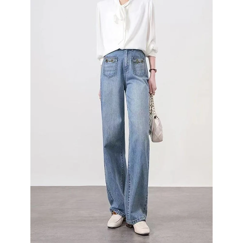 复古显瘦高腰直筒牛仔裤秋季百搭气质阔腿裤女011