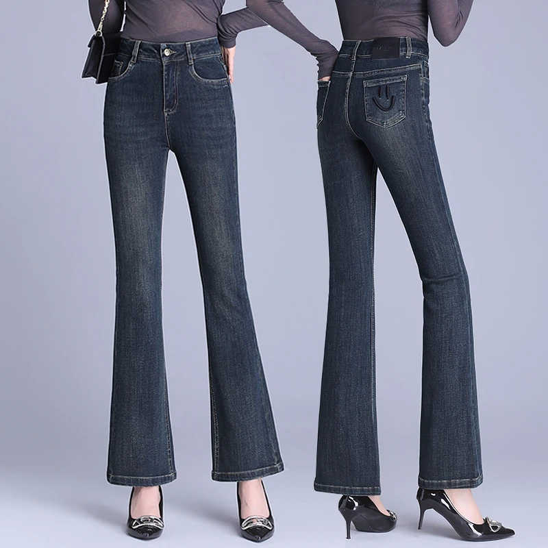 高腰牛仔微喇裤女春秋2025新款时尚笑脸刺绣修身弹力百搭喇叭裤潮