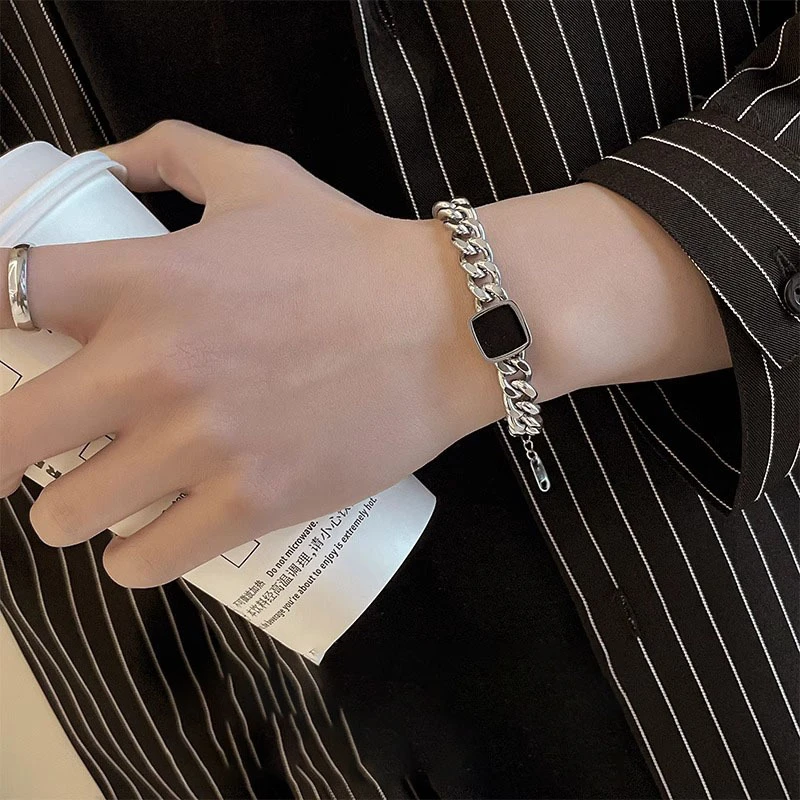 钛钢亚克力手链 秋冬新款方形古巴手链男钛钢潮流百搭街头配饰