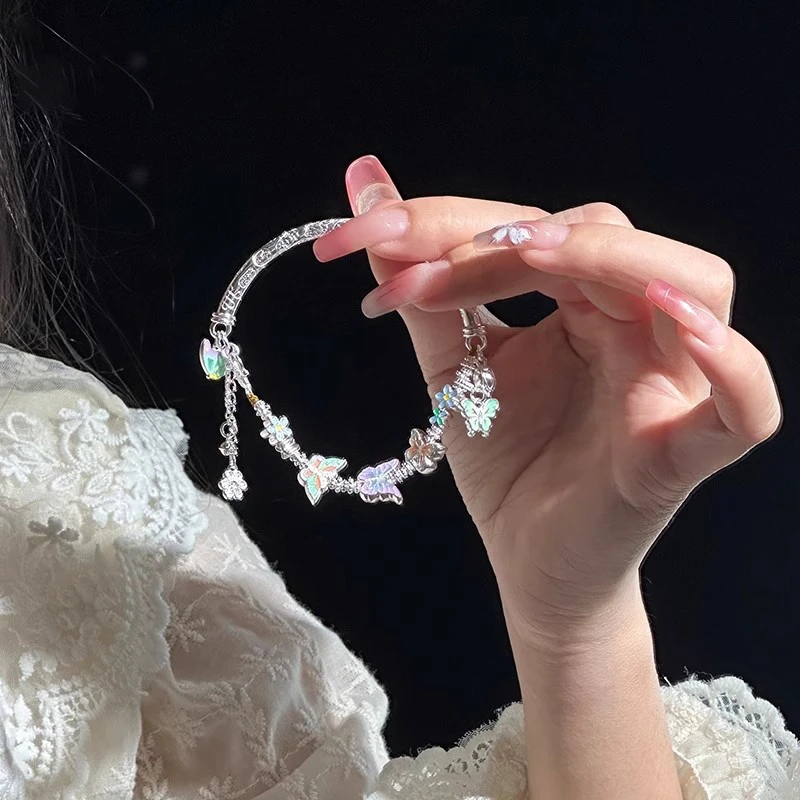 足银手链 纯银999蝴蝶珐琅流苏半镯半链女手链简约节日送女友礼物