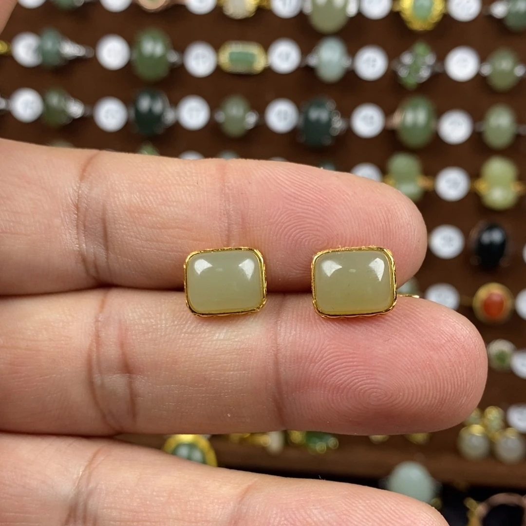 和田玉（青白玉）戒指银S925镀金镶嵌