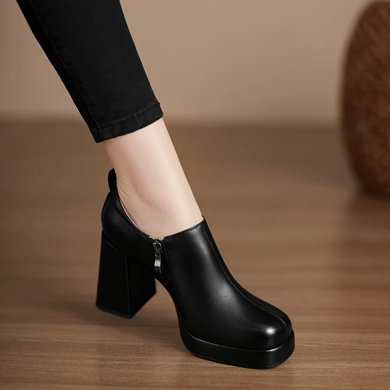 小个子手工女鞋9cm~方头粗跟厚底单鞋女不累脚真皮舒适百搭高跟鞋