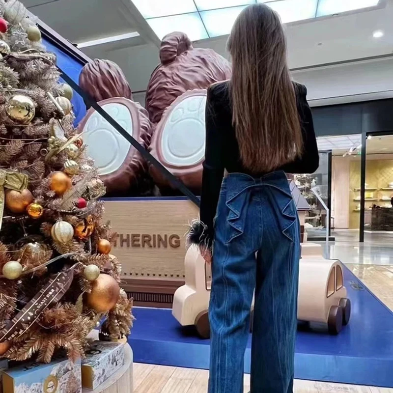 美式高街立体蝴蝶结牛仔裤女设计感小众宽松高腰显瘦直筒阔腿长裤