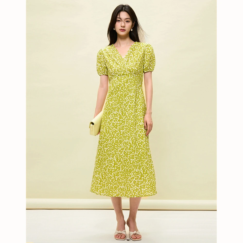 【盛都】夏新法式复古印花盐缩温柔浪漫褶皱肌理碎花黄色连衣裙