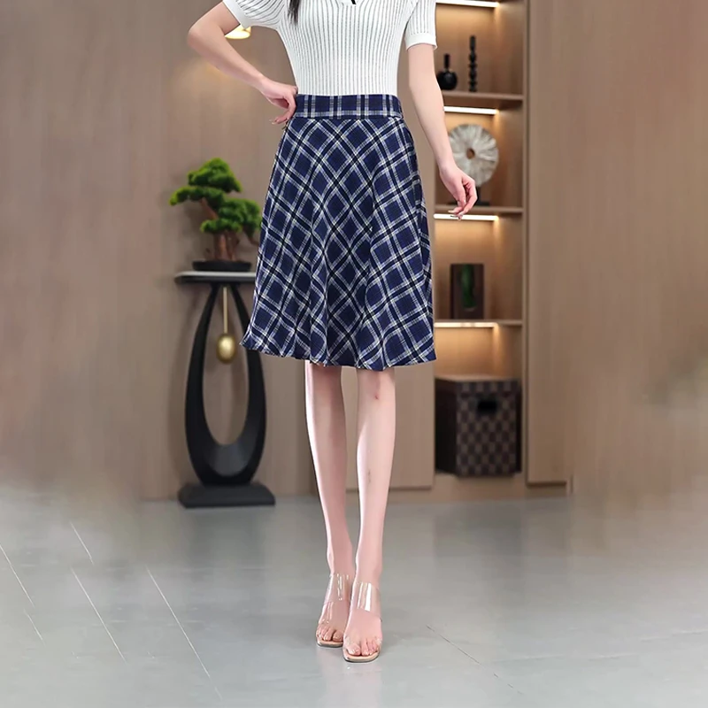 2025年夏季新款裙子新复古风半身裙高腰显瘦格子A字裙中长款半裙