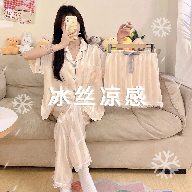 可外出睡衣女夏大码2025年新款学生三件套短袖甜美高级冰丝家居服