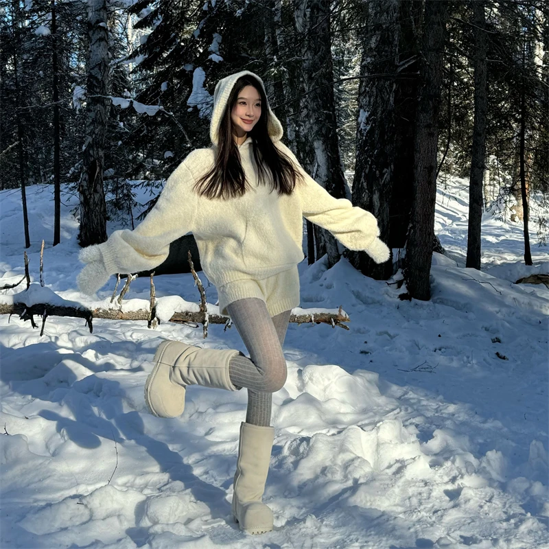 秋季慵懒风套装软糯宽松休闲连帽毛衣高腰针织短裤毛衣百搭阔腿裤