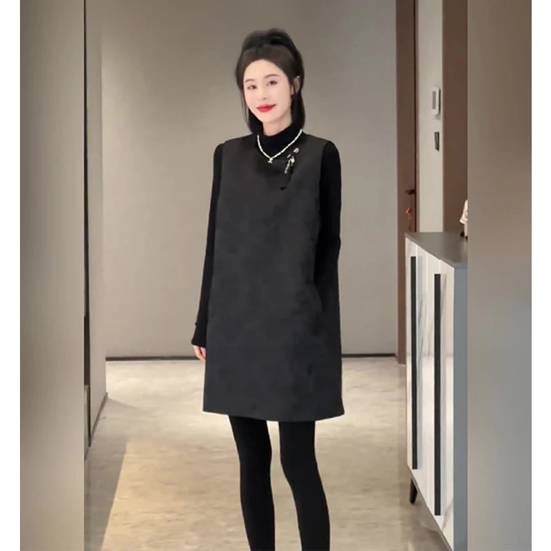大码胖mm复古新中式国风马甲连衣裙女秋季新款显瘦黑色背心裙
