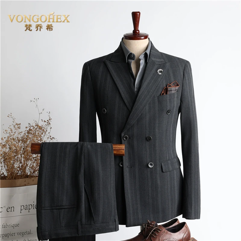 VONGOHEX西服套装男士英伦痞帅商务双排扣西装三件套新郎结婚礼服