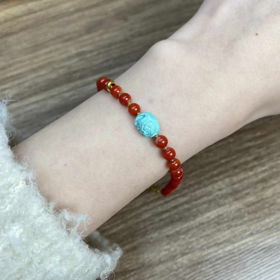 阿卡红珊瑚赤牛血红圆珠手链优雅气质轻奢宫廷风复古高级感