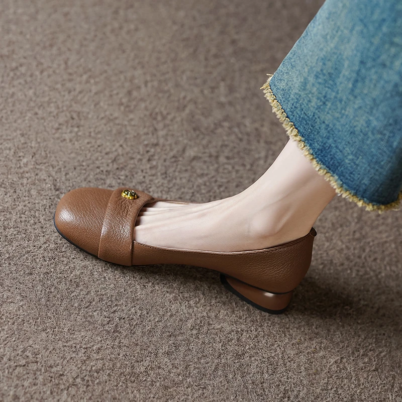 3cm/羊皮/真皮软底软面圆头粗跟单鞋女软底软面法式休闲中跟单鞋