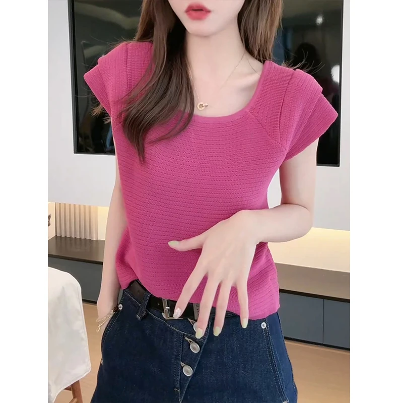 时尚设计感飞飞袖冰丝针织衫女2025夏季新款宽松显瘦薄款短袖上衣