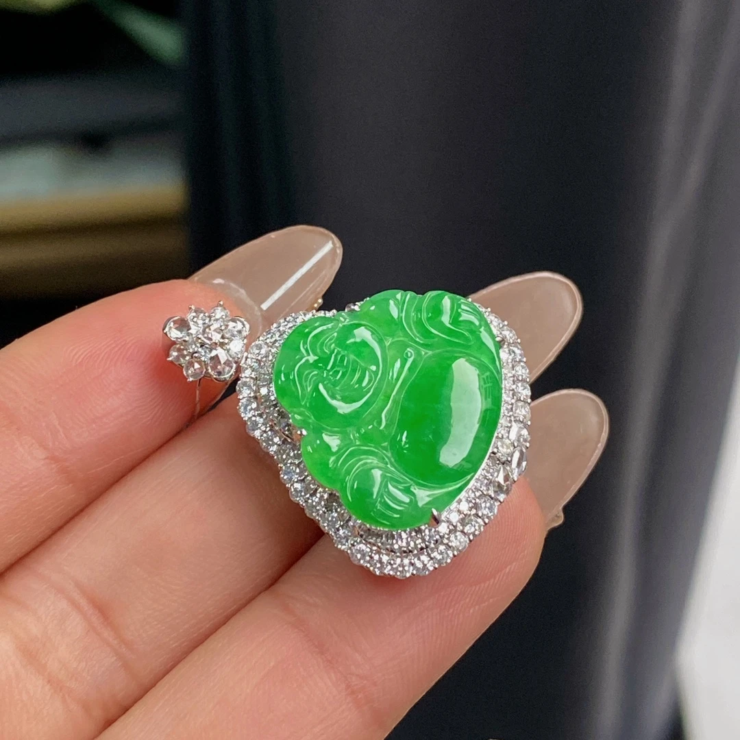 【美赞甄选】18k金镶嵌翡翠佛公吊坠气质绿色冰透满绿冰阳绿素款