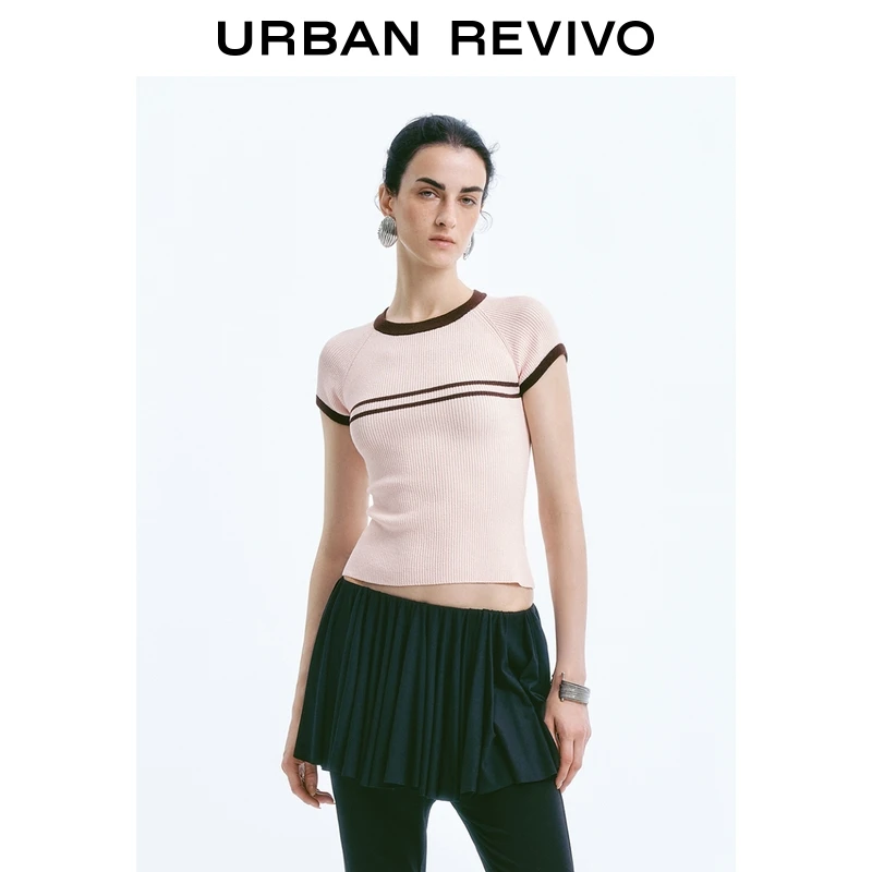 UR2025夏季新款女装休闲简约撞色条纹短袖针织衫UWM950045