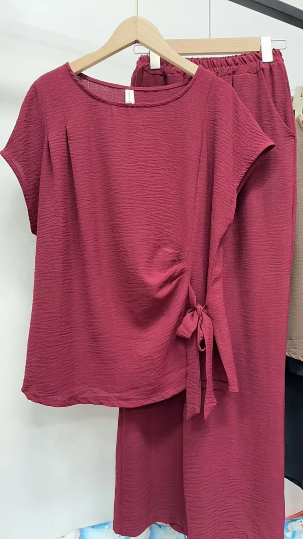 恒鑫安捏褶系绳绑带收腰气质知性两件套套服-759