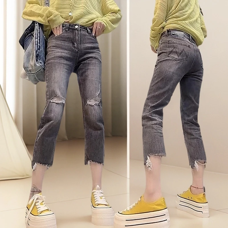 大码高腰显瘦复古直筒破洞牛仔裤夏季新款弹力修身毛边八分烟管裤