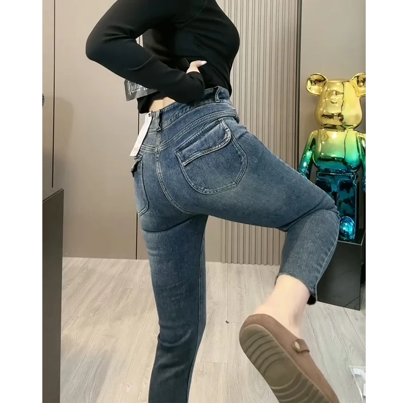 蓝色高腰铅笔牛仔裤女秋冬加绒修身显瘦紧身弹力小个子九分小脚裤