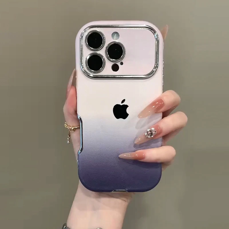 大视窗电镀渐变皮纹适用苹果16promax手机壳时尚保护壳15pro防摔