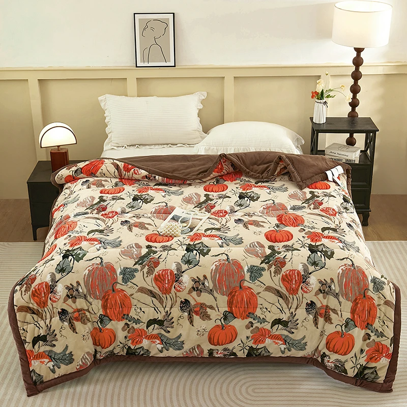 南瓜秋冬被盖毯石墨烯三层发热被保暖可机洗休闲数码包被绒毛毯