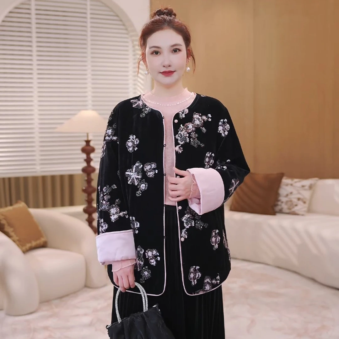 【新中式珠片绣丝绒棉服】MsShe大码女装2025保暖厚外套S~E2510028