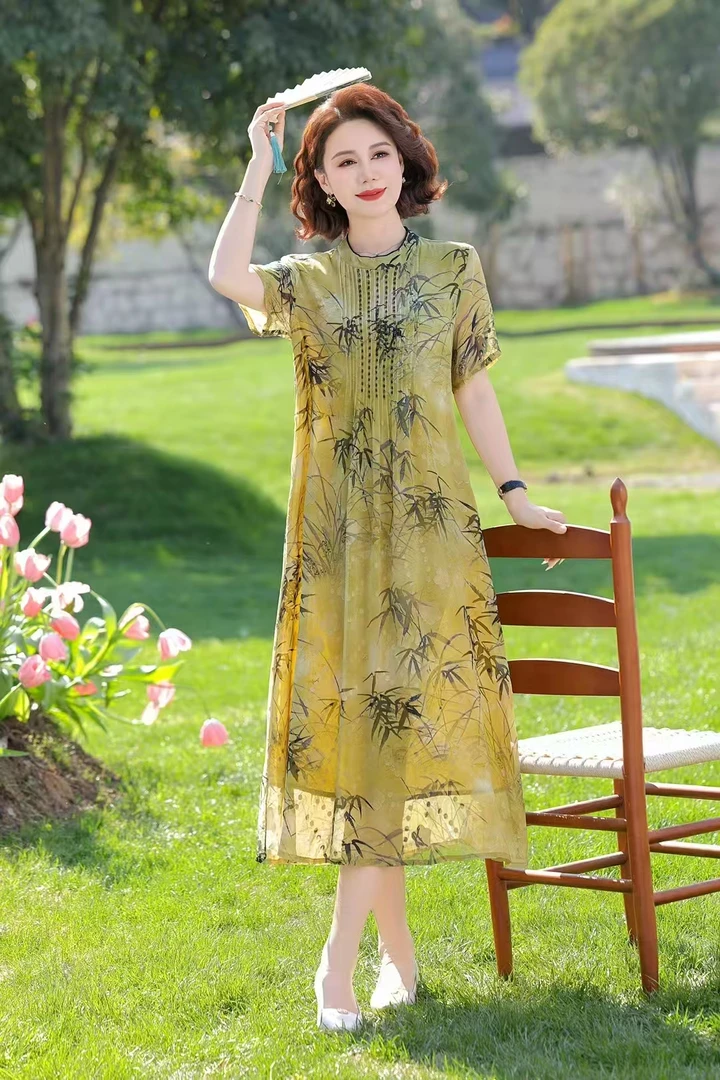 5203拉链气质碎花短袖A字裙过膝常规袖宽松夏季乔其纱提花连衣裙