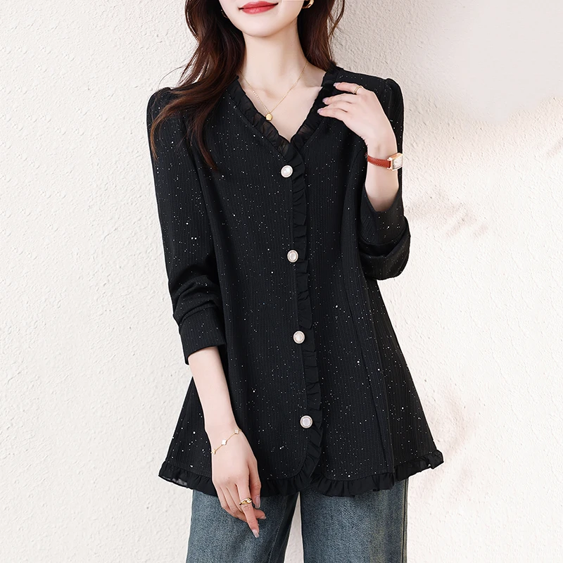 大码时尚亮闪闪2025春装新款衬衫洋气百搭收腰气质显瘦遮肉上衣女