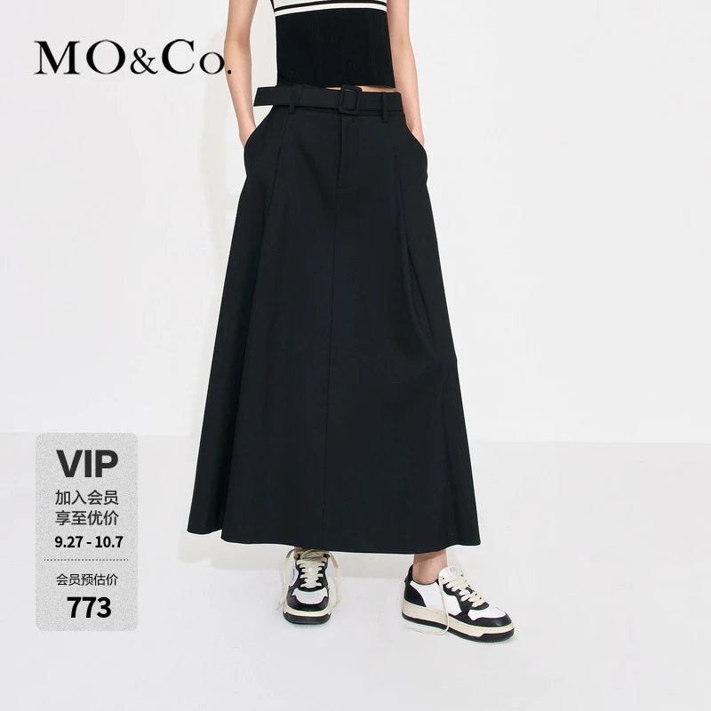 MOCO新品中高腰长款压褶A字半身裙(附腰带)MBD1SKTT31
