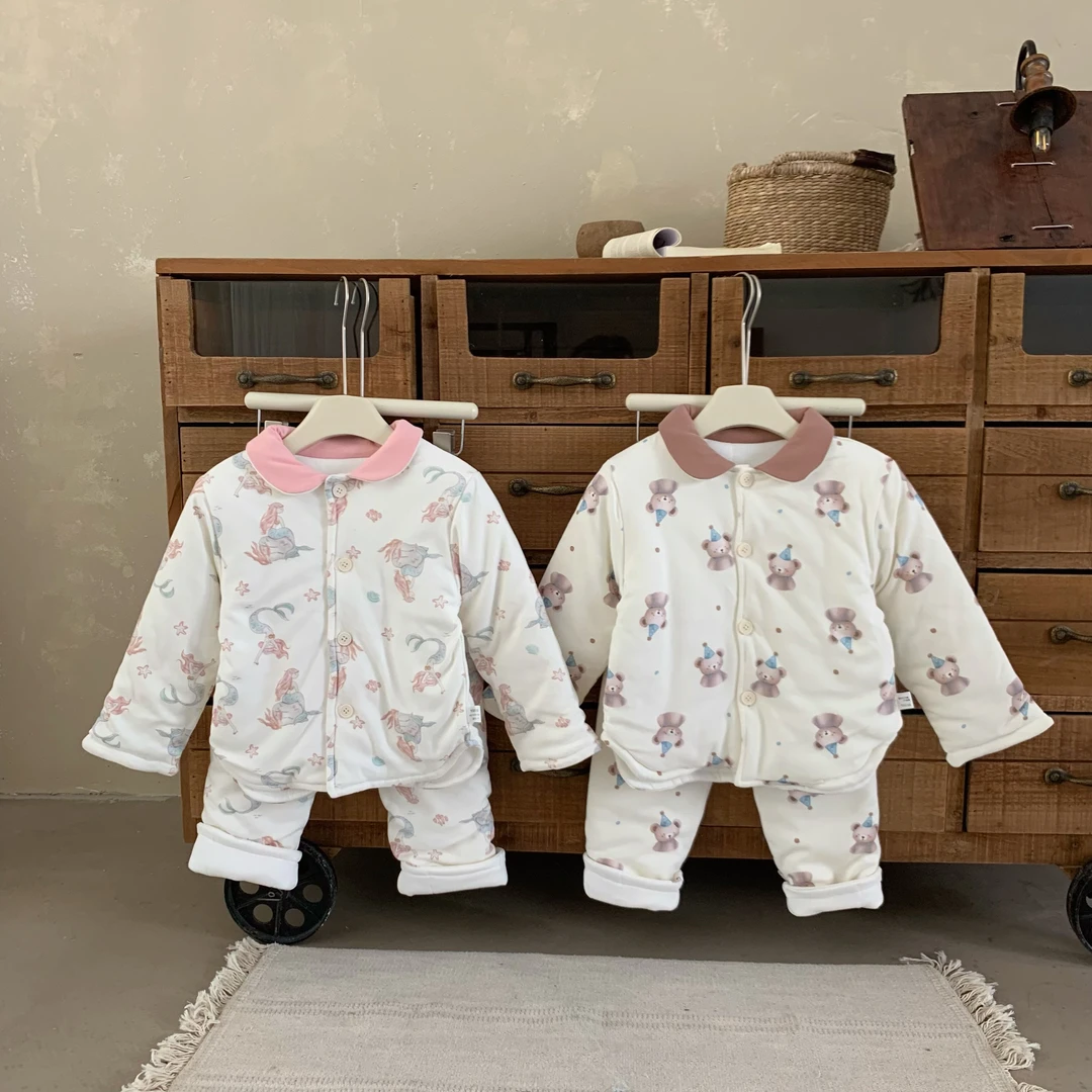 69554酷娃米男女童儿童保暖套装秋冬翻领夹棉家居服