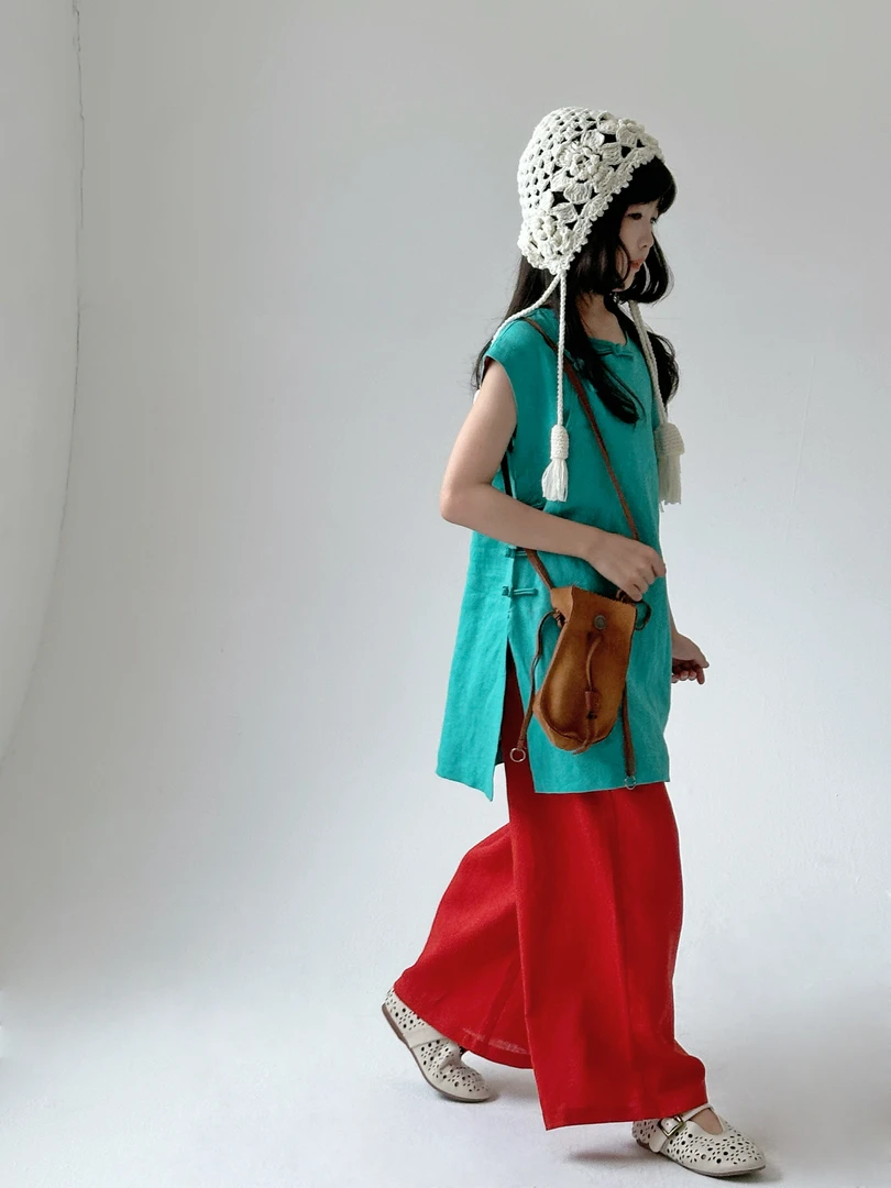 『红蓝CP』小众新中式酵洗100%苎麻手工扣旗袍茶服/苎麻阔腿裤