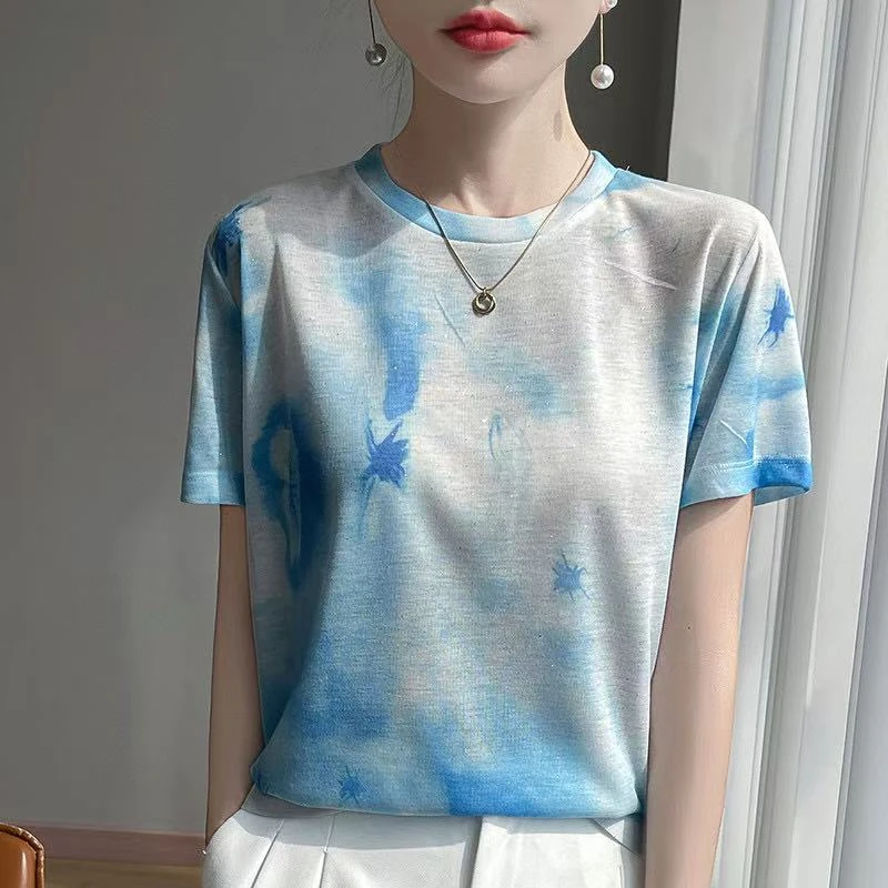 莱赛尔天丝宽松版圆领短袖T桖 （蓝色晕染）