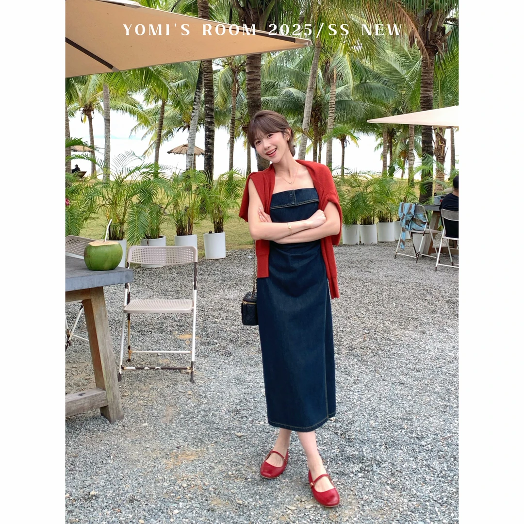 【现货】YOMI小个子定制【蓝调品味】复古牛仔显瘦抹胸连衣裙女春季