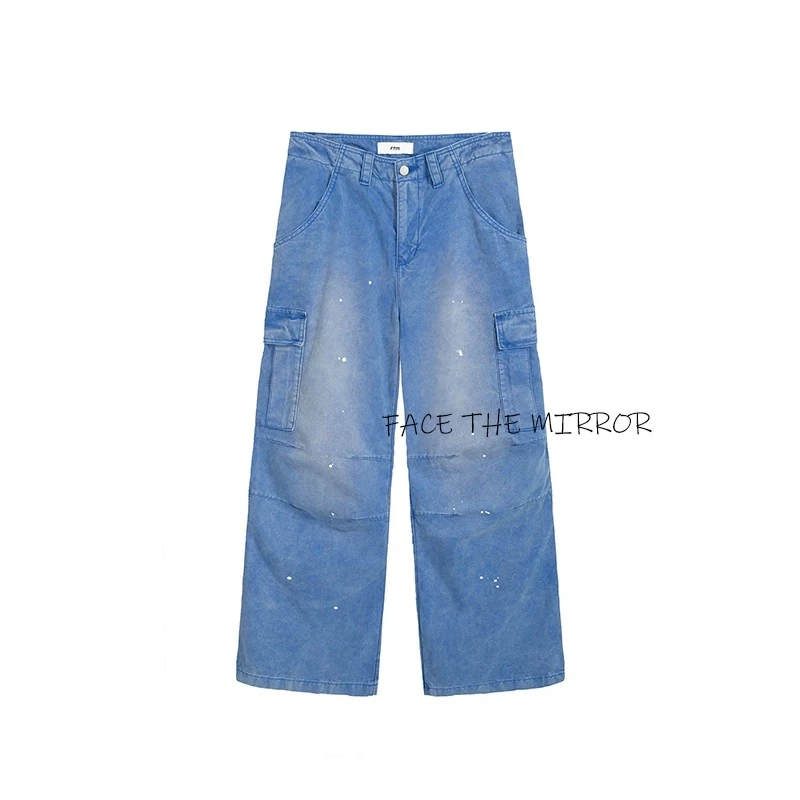 Face The Mirror 泼墨vintage水洗做旧法工裤宽松直筒Baggy伞兵裤