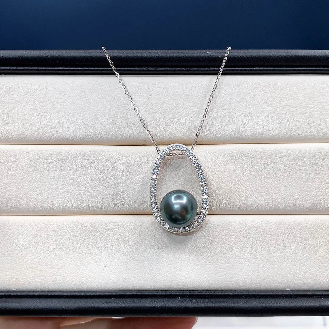 银S925镶嵌颈饰海水珍珠大溪地孔雀蓝项链