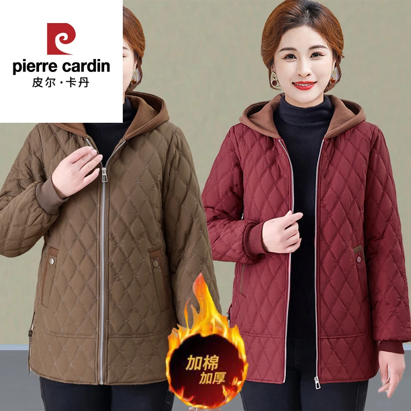 皮尔卡丹妈妈冬装加绒加厚棉衣外套2025新款中长连帽棉服中老年女