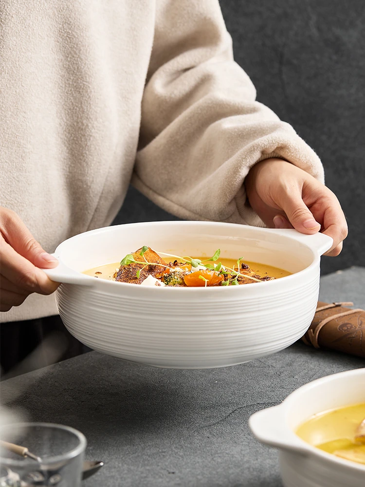 2个螺纹双耳陶瓷汤碗汤盆家用汤碗陶瓷餐具酸菜鱼毛血旺大盆碗