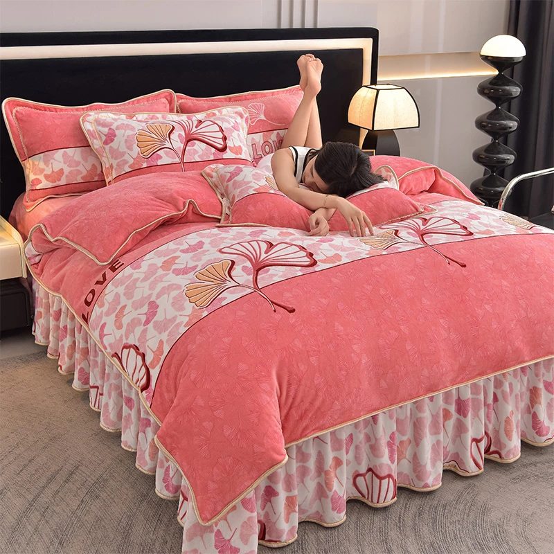 秋冬加厚8—9斤双面牛奶绒四件套床裙款牛奶绒冬季保暖荷叶边被套