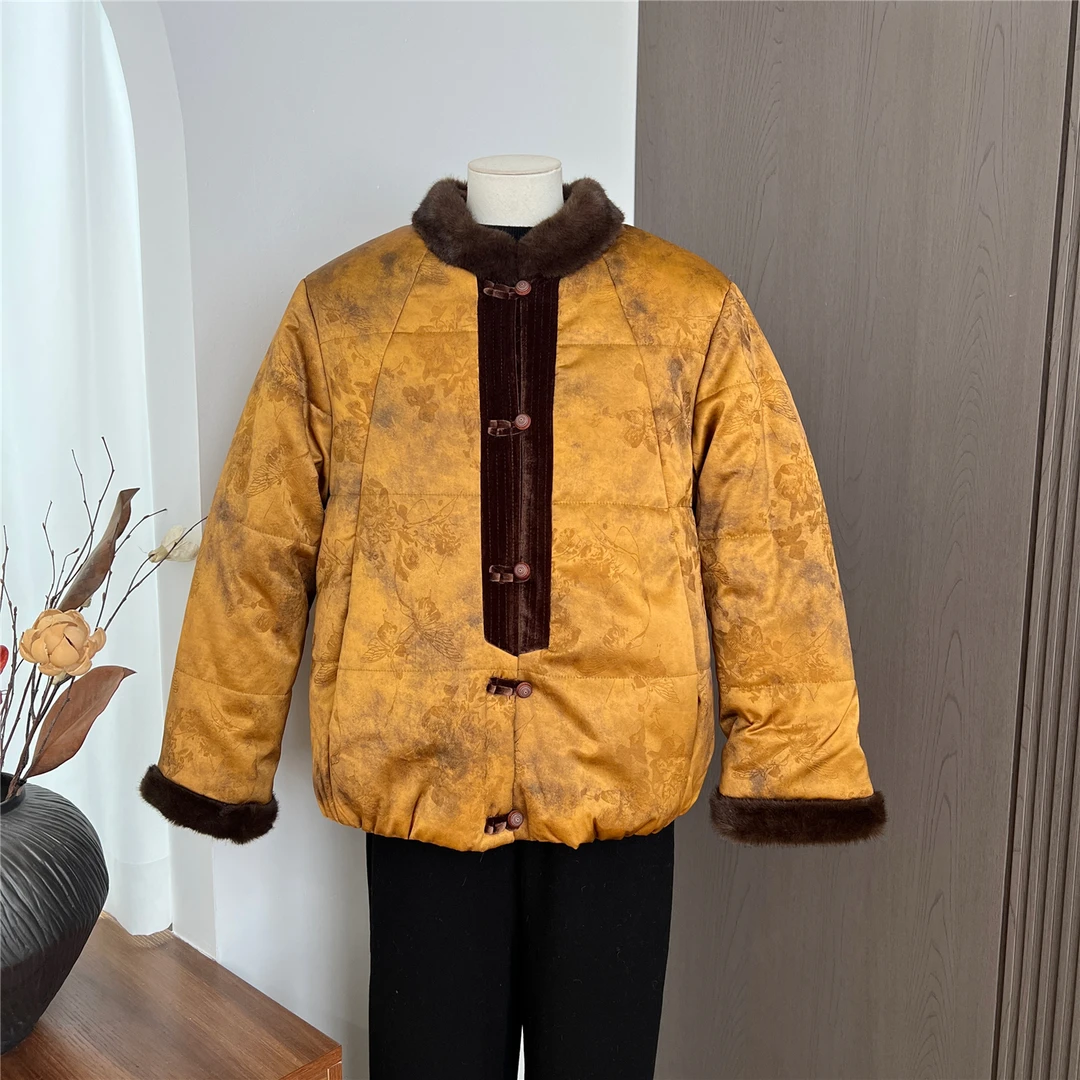 妈妈立领国风盘扣棉服中老年女装2025冬季中式印花加厚棉袄短外套