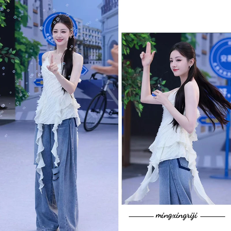 迪丽热巴同款软垂破洞蓝色牛仔裤女2025夏季辣妹高腰垂感拖地裤子