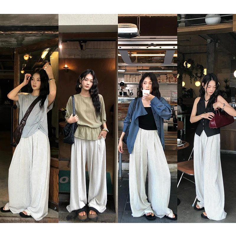 任小艺【6月16日 新品】亚麻条纹裤阔腿拖地长裤